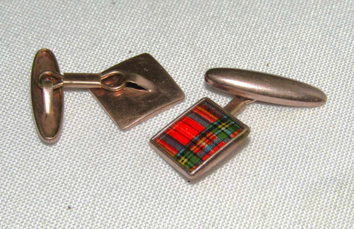 Vintage Copper/Rose Gold Celluloid Scottish Tartan Cufflinks c1930