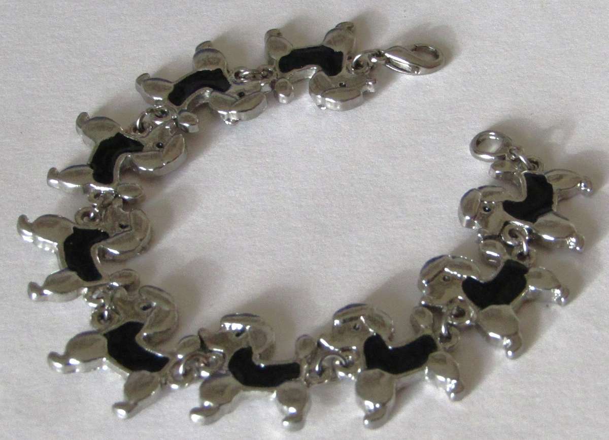 Vintage Stainless Steel and Black Enamel French Poodle Bracelet