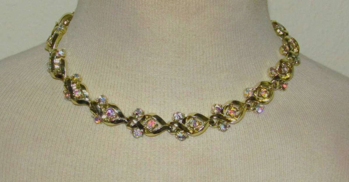 Vintage 1950s Gold Tone Aurora Borealis Link Necklace & Matching Bracelet Set