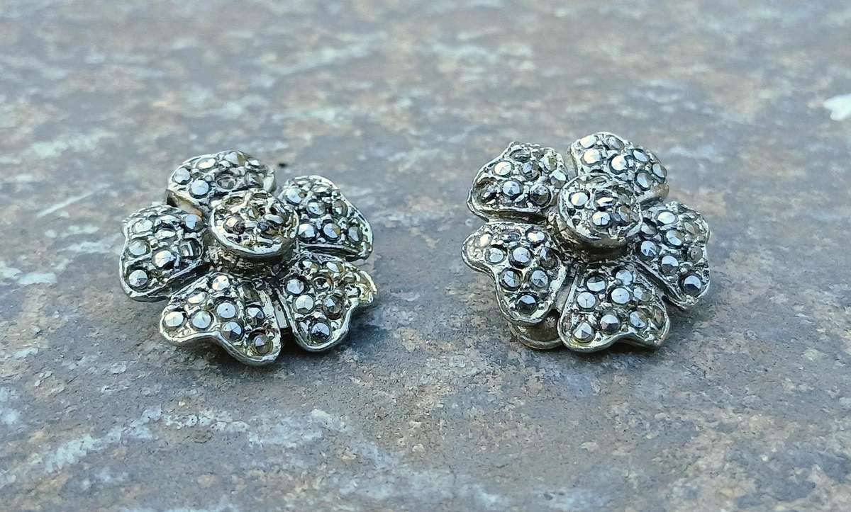 Vintage Silver-Tone Floral Marcasite Clip-On Earrings