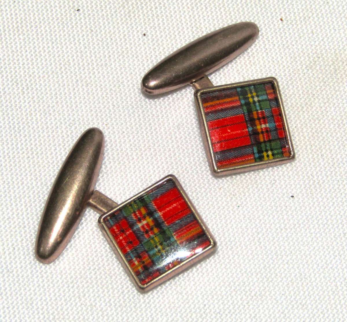 Vintage Copper/Rose Gold Celluloid Scottish Tartan Cufflinks c1930