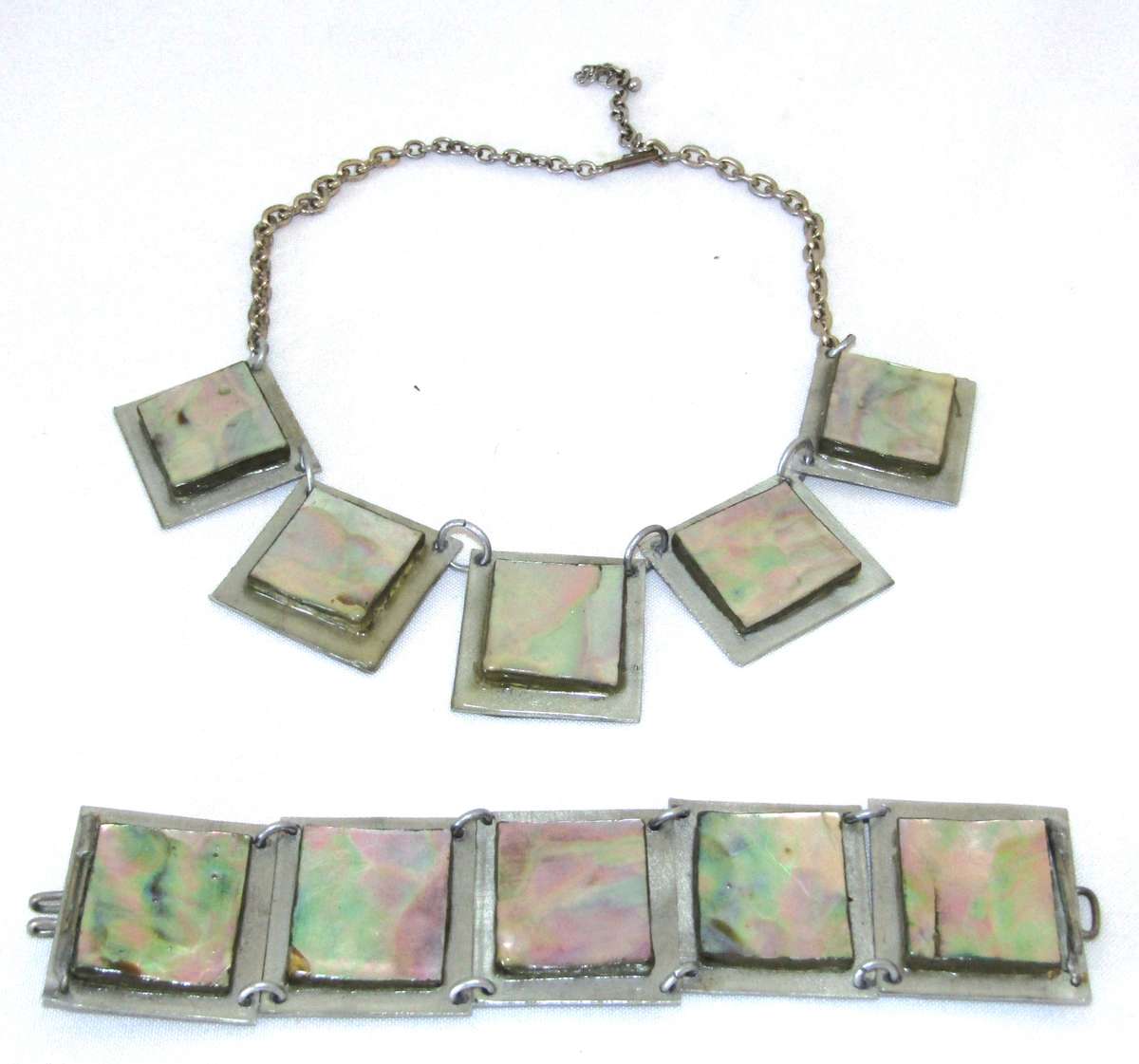 Vintage Hand-Crafted Silver-Tone Mother of Pearl Necklace and Bracelet Set
