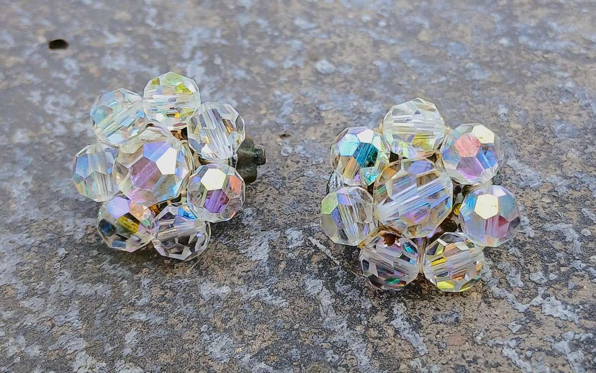 Exquisite Vintage Aurora Borealis Cluster Flower Clip-on Earrings - Made in Germany
