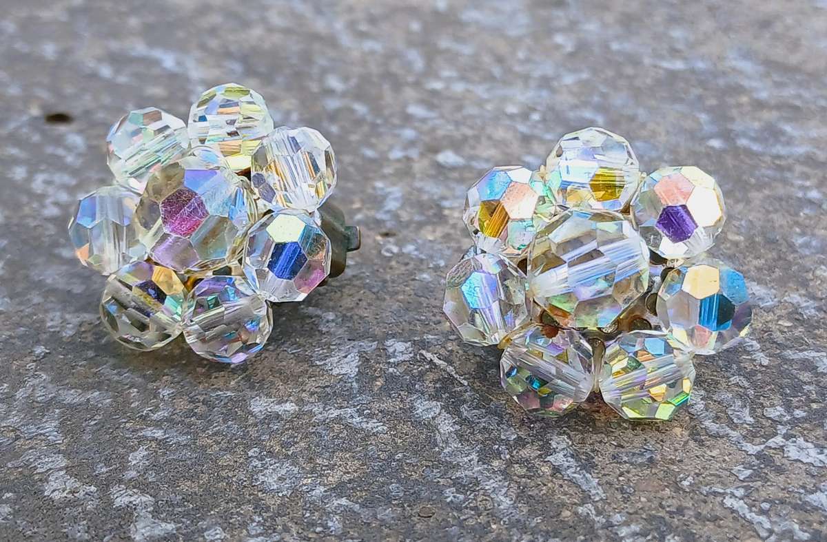 Exquisite Vintage Aurora Borealis Cluster Flower Clip-on Earrings - Made in Germany