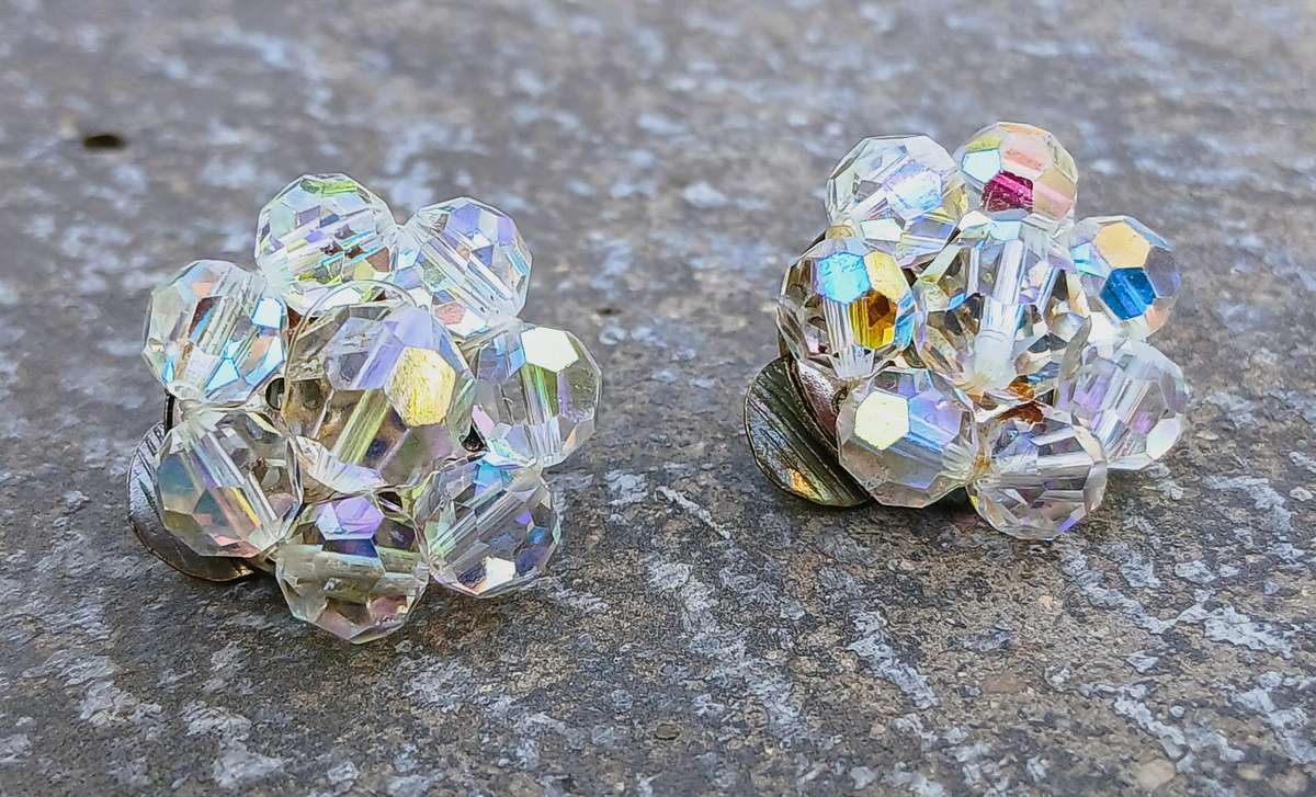 Exquisite Vintage Aurora Borealis Cluster Flower Clip-on Earrings - Made in Germany