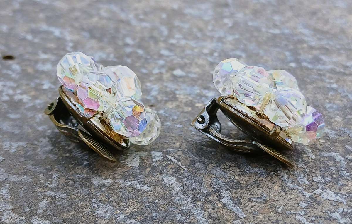 Exquisite Vintage Aurora Borealis Cluster Flower Clip-on Earrings - Made in Germany