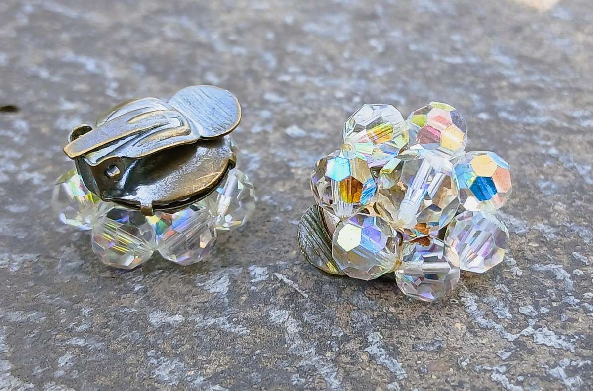 Exquisite Vintage Aurora Borealis Cluster Flower Clip-on Earrings - Made in Germany