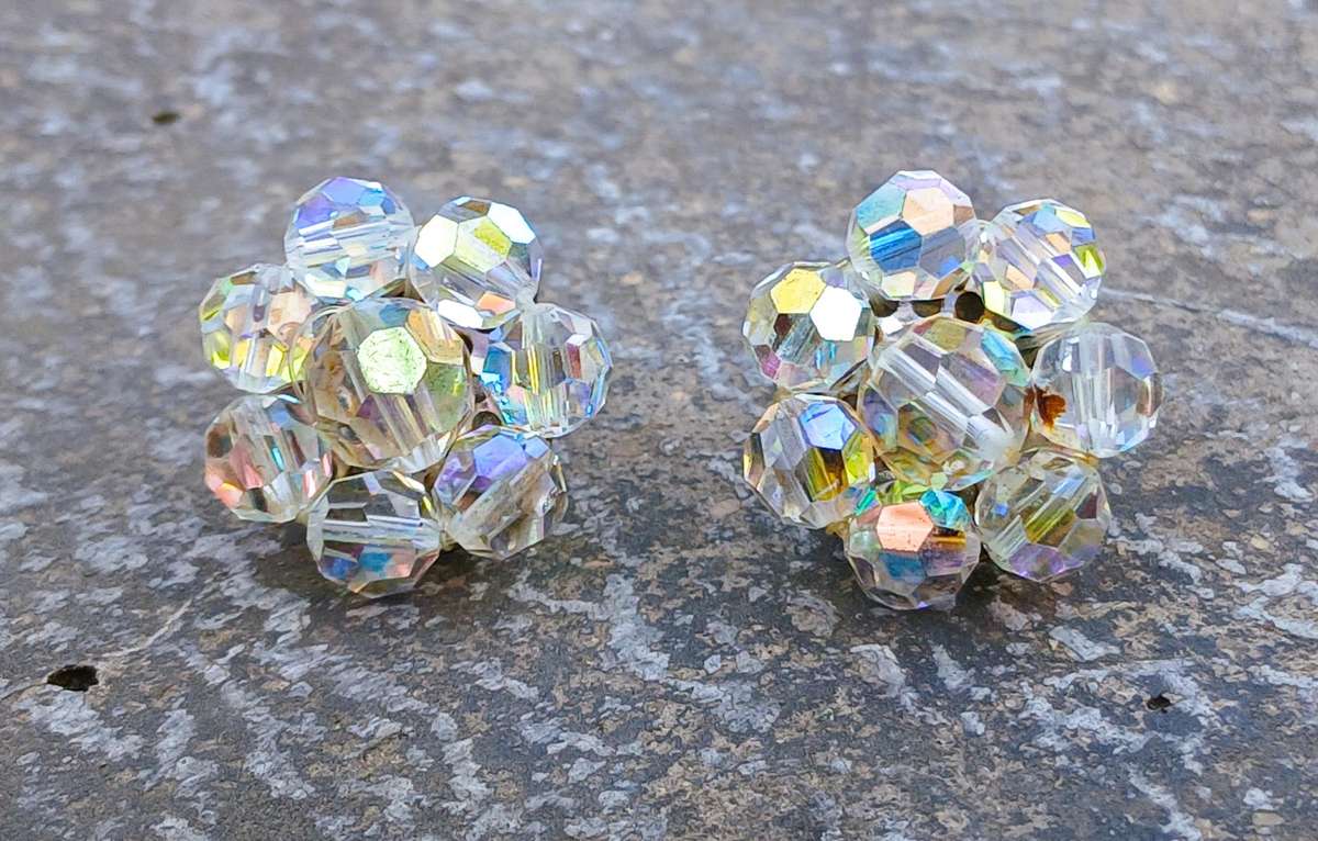 Exquisite Vintage Aurora Borealis Cluster Flower Clip-on Earrings - Made in Germany