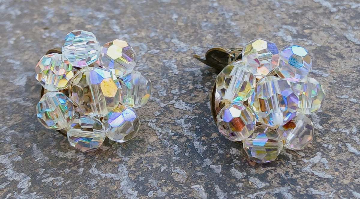 Exquisite Vintage Aurora Borealis Cluster Flower Clip-on Earrings - Made in Germany