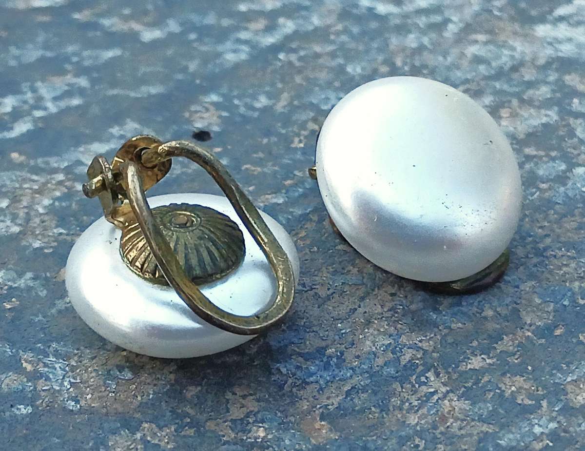 Vintage 1960s Faux Pearl Clip-On Earrings | Classic Design | Ornate Brass Backs