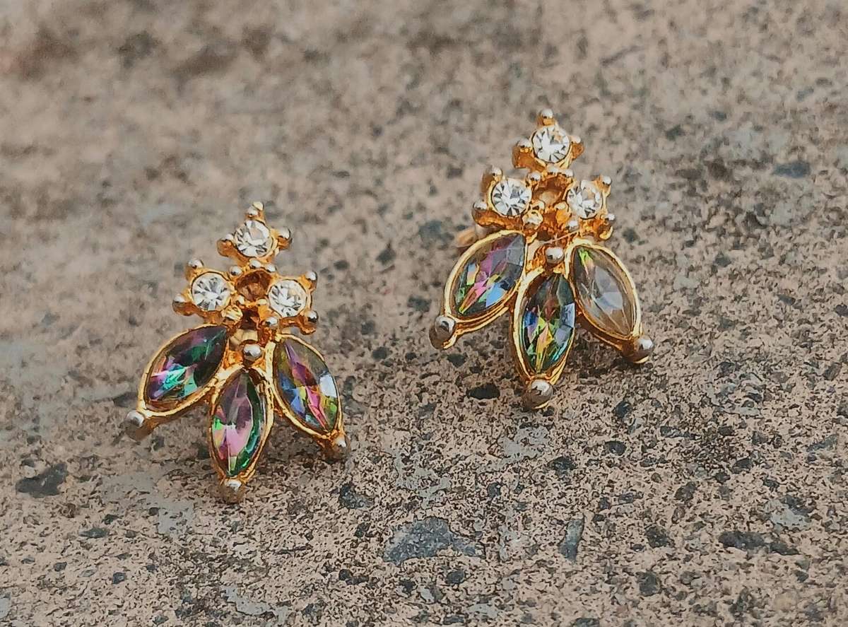 Vintage Gold-Tone Stud Earrings | Iridescent Marquise Stones | Mid-Century Cluster Style
