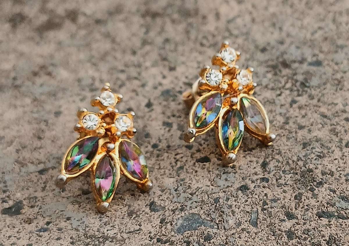 Vintage Gold-Tone Stud Earrings | Iridescent Marquise Stones | Mid-Century Cluster Style
