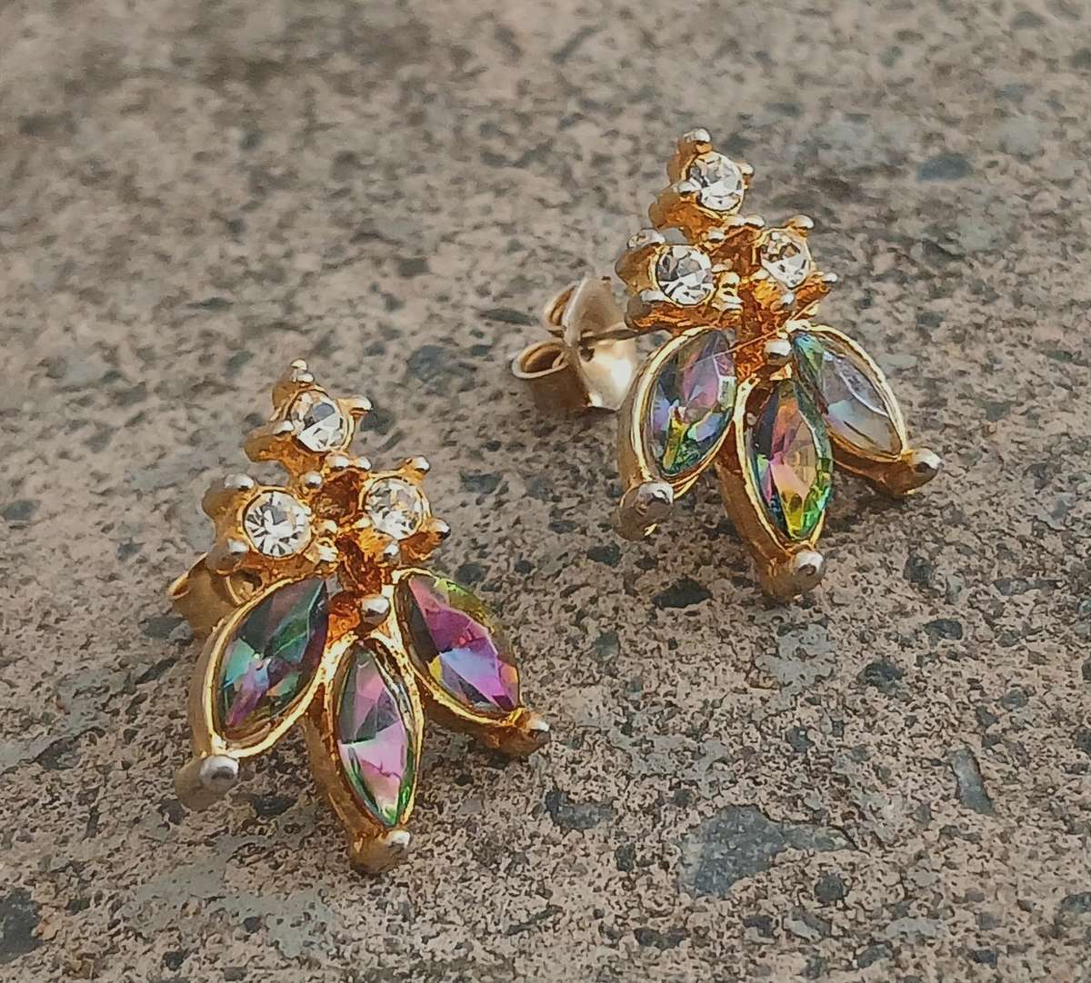 Vintage Gold-Tone Stud Earrings | Iridescent Marquise Stones | Mid-Century Cluster Style