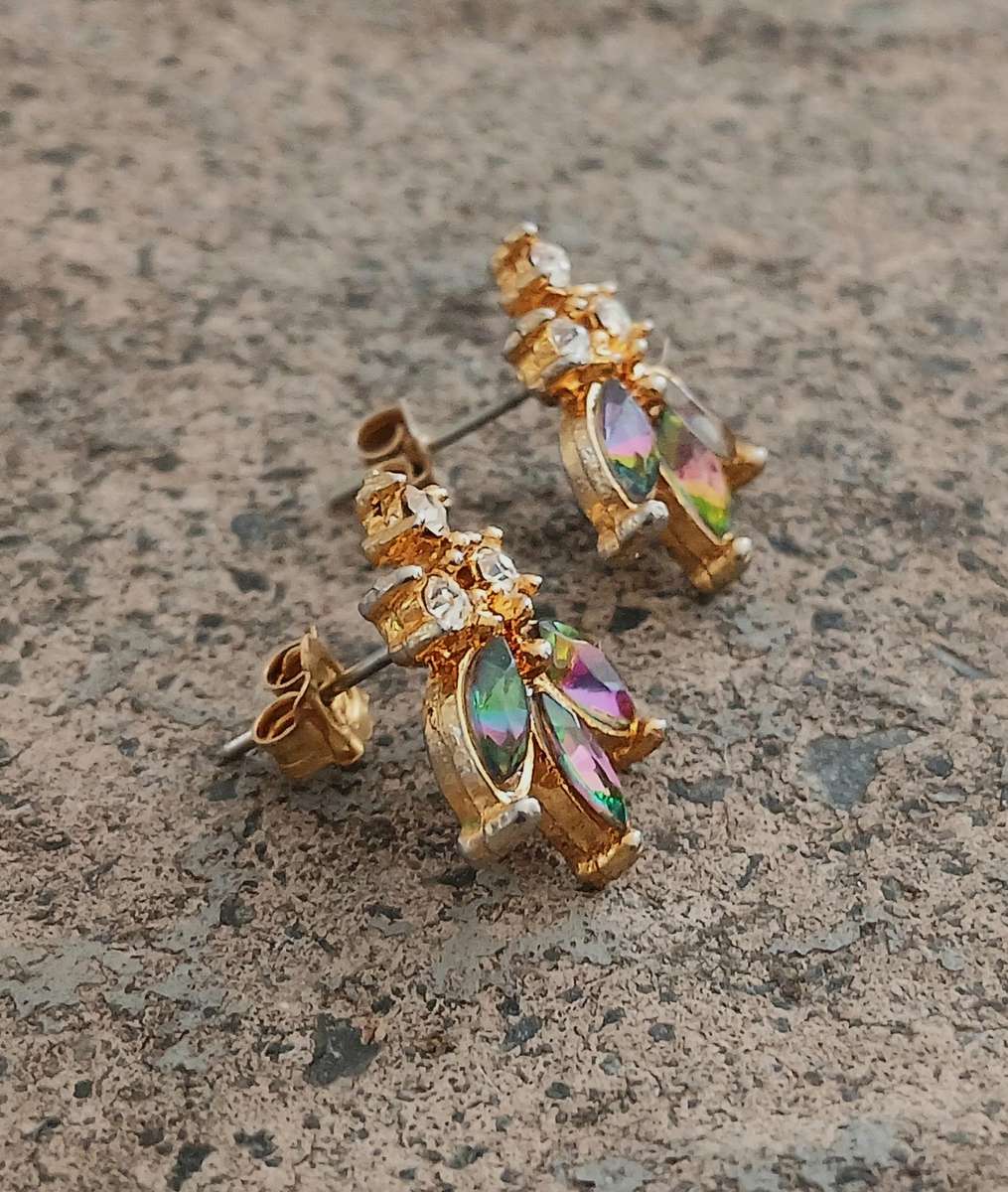 Vintage Gold-Tone Stud Earrings | Iridescent Marquise Stones | Mid-Century Cluster Style