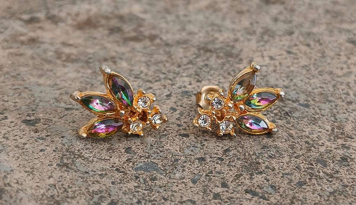 Vintage Gold-Tone Stud Earrings | Iridescent Marquise Stones | Mid-Century Cluster Style