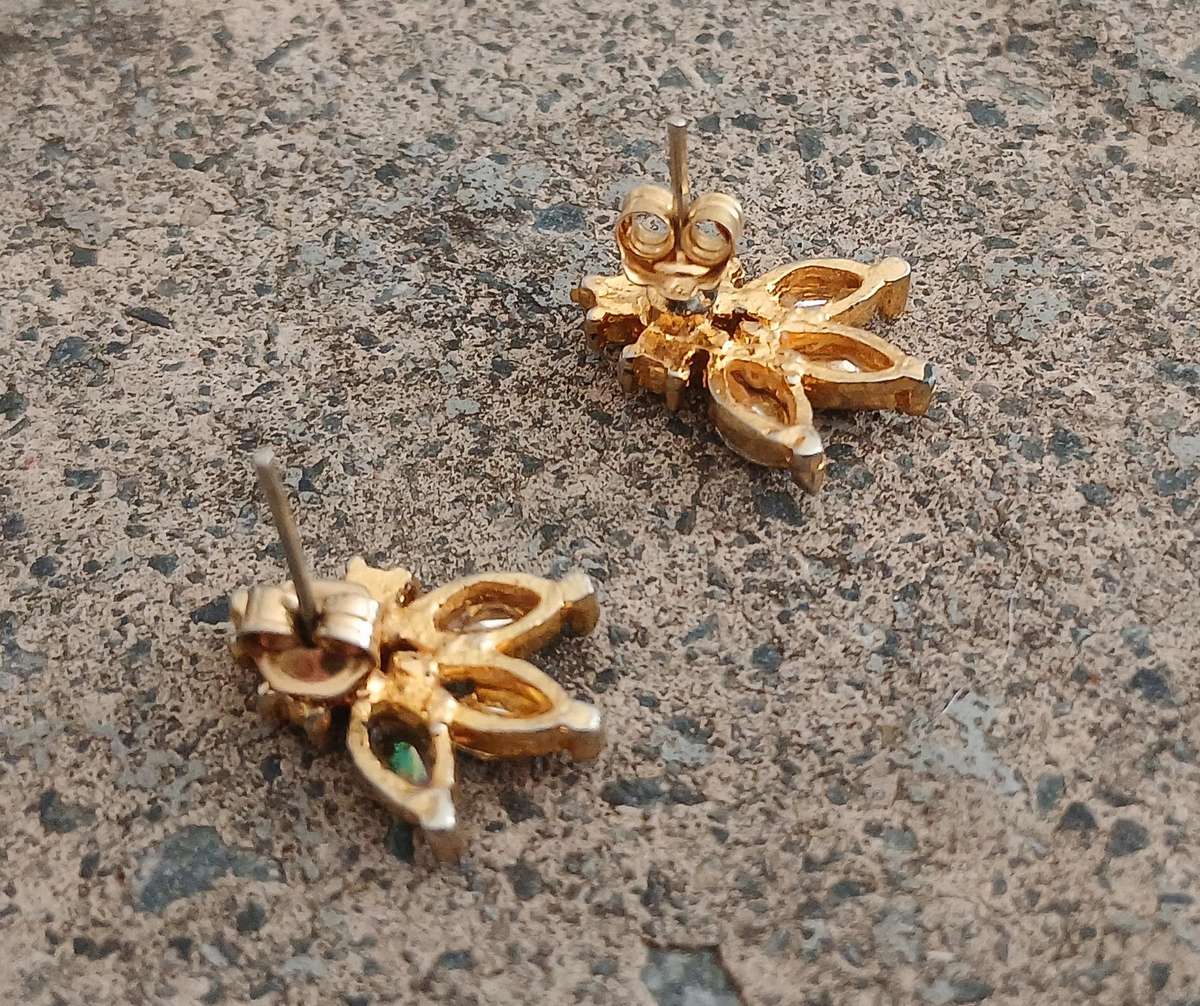 Vintage Gold-Tone Stud Earrings | Iridescent Marquise Stones | Mid-Century Cluster Style