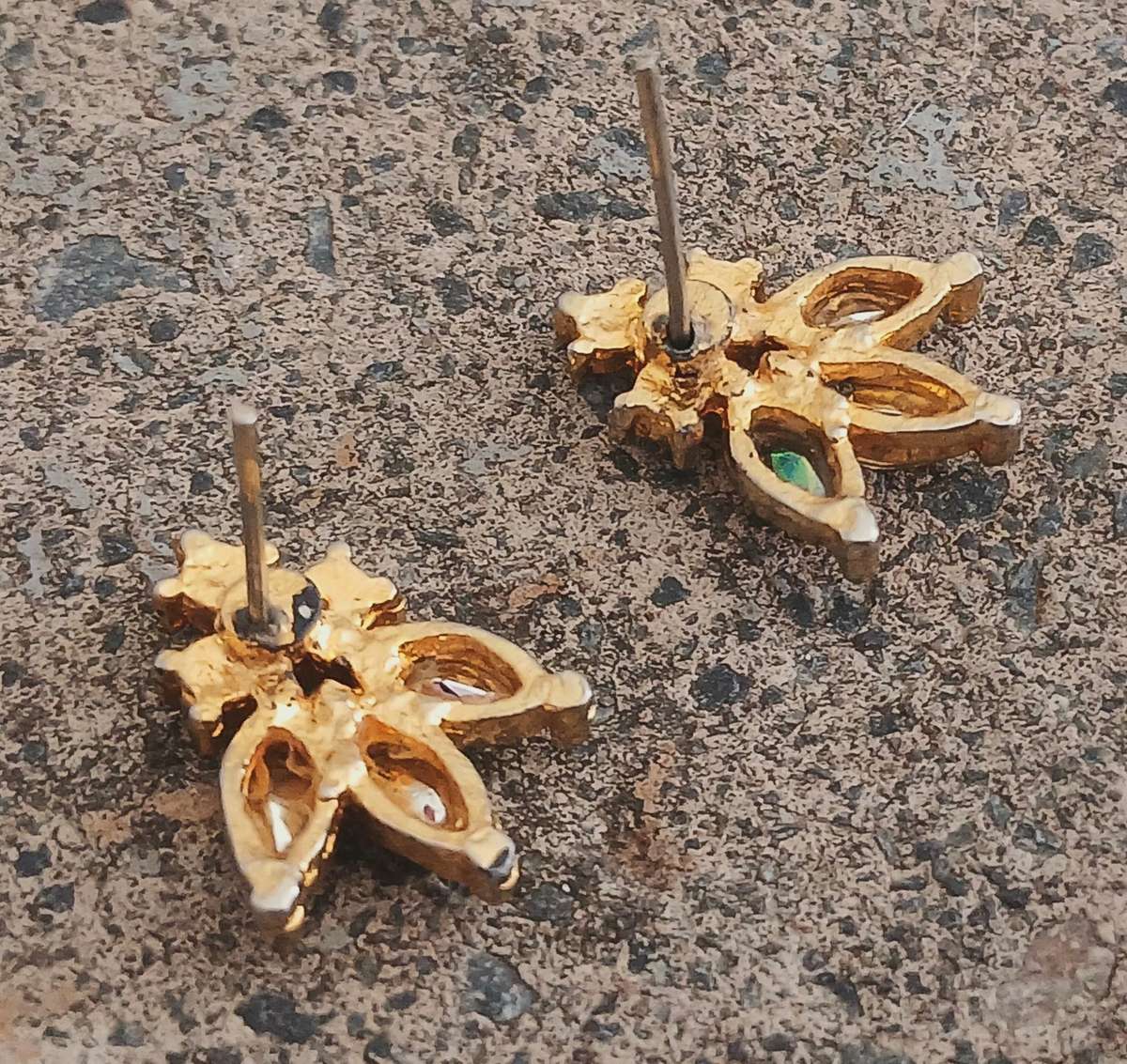 Vintage Gold-Tone Stud Earrings | Iridescent Marquise Stones | Mid-Century Cluster Style