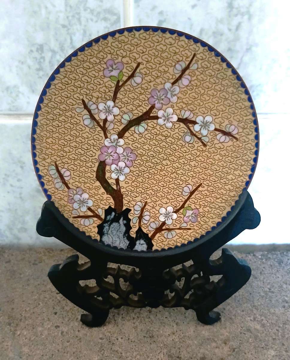 Vintage Chinese Cloisonné Plate with Cherry Blossom Design and Carved Wooden Stand