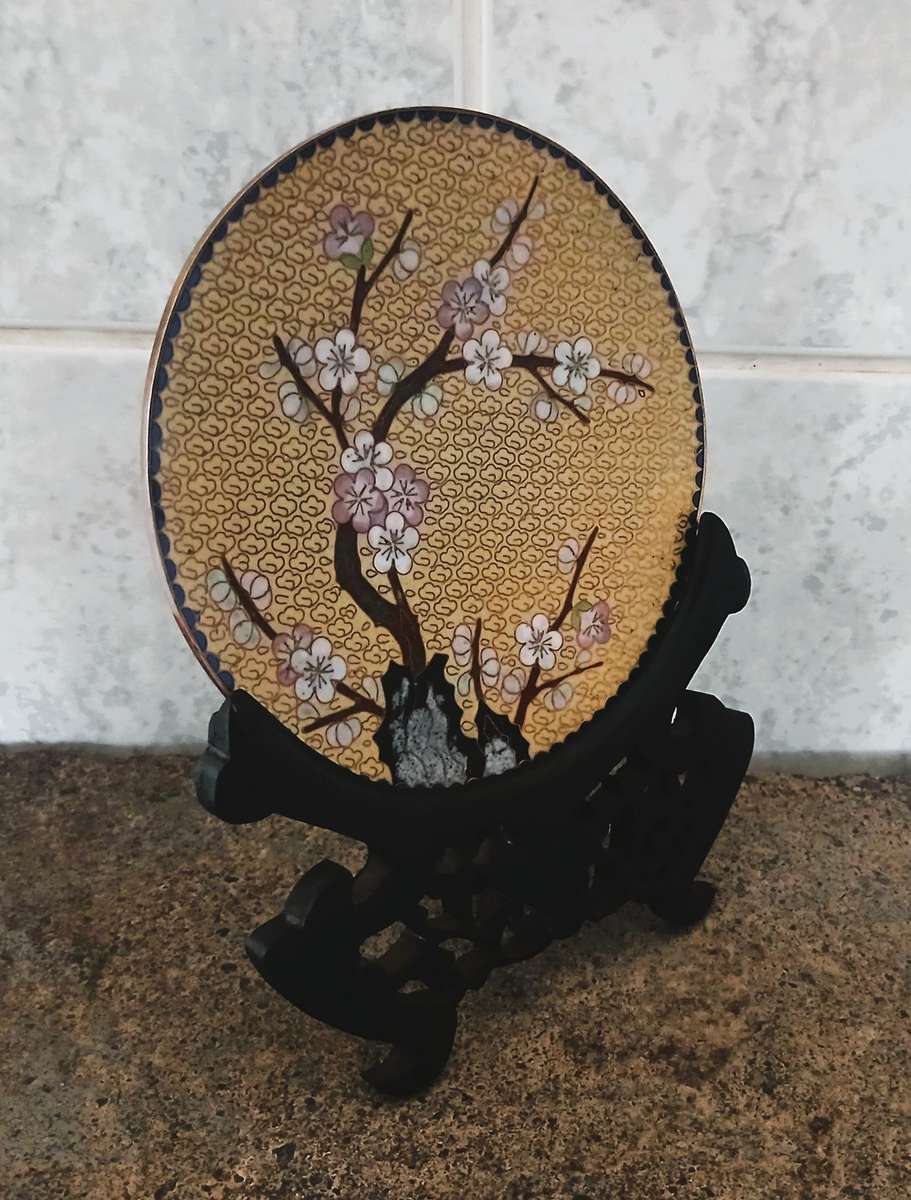 Vintage Chinese Cloisonné Plate with Cherry Blossom Design and Carved Wooden Stand
