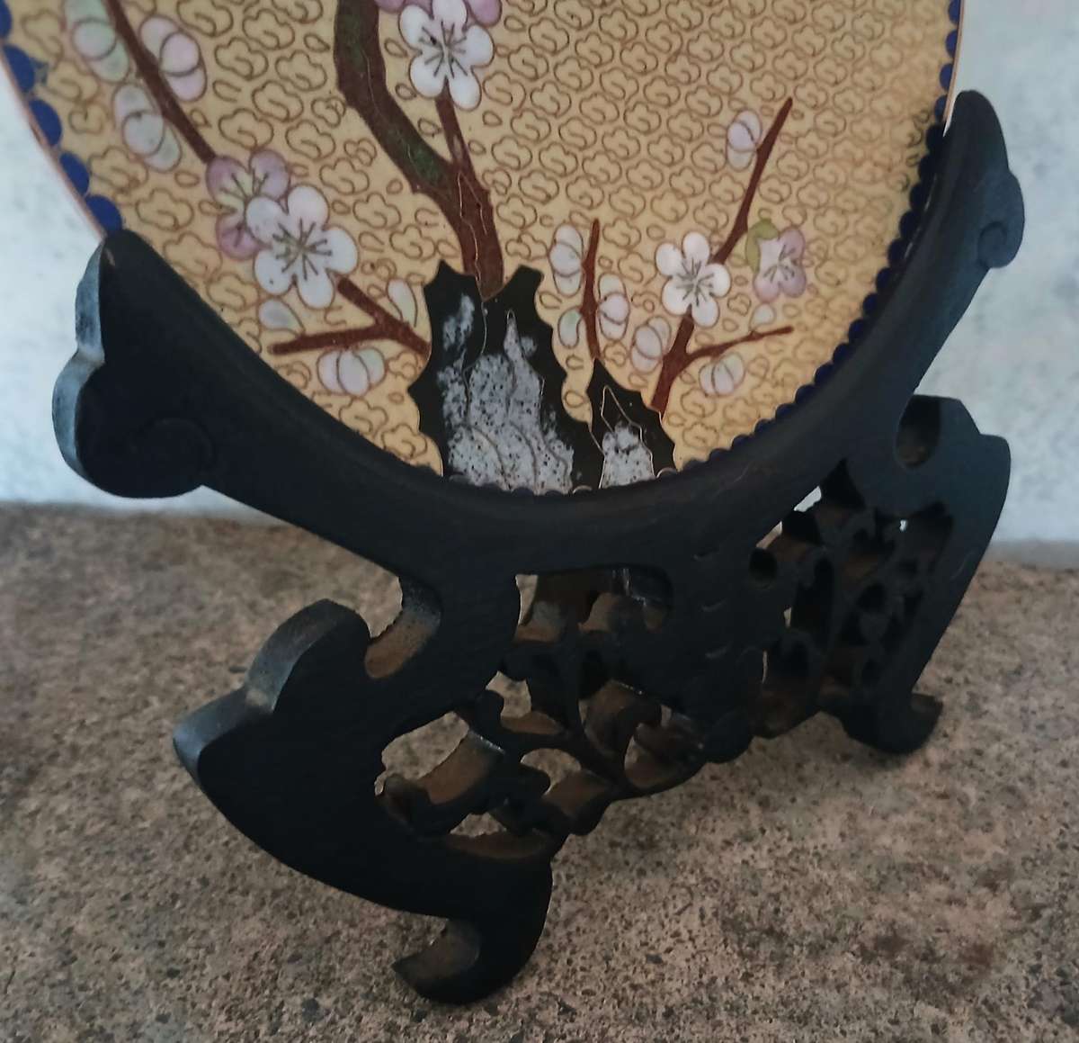 Vintage Chinese Cloisonné Plate with Cherry Blossom Design and Carved Wooden Stand