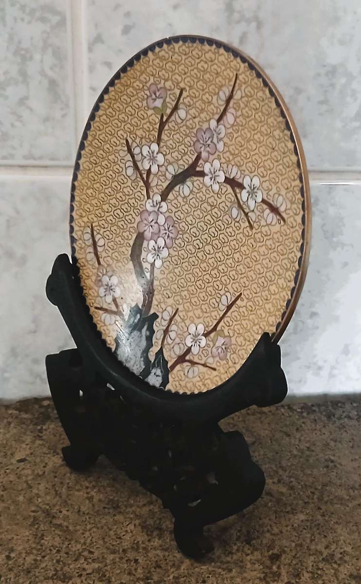 Vintage Chinese Cloisonné Plate with Cherry Blossom Design and Carved Wooden Stand