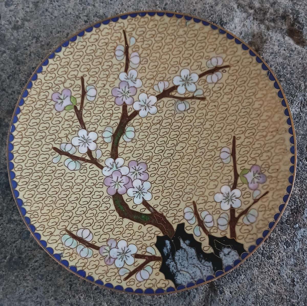 Vintage Chinese Cloisonné Plate with Cherry Blossom Design and Carved Wooden Stand