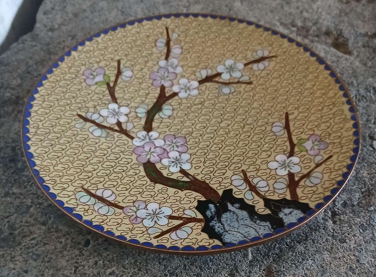 Vintage Chinese Cloisonné Plate with Cherry Blossom Design and Carved Wooden Stand