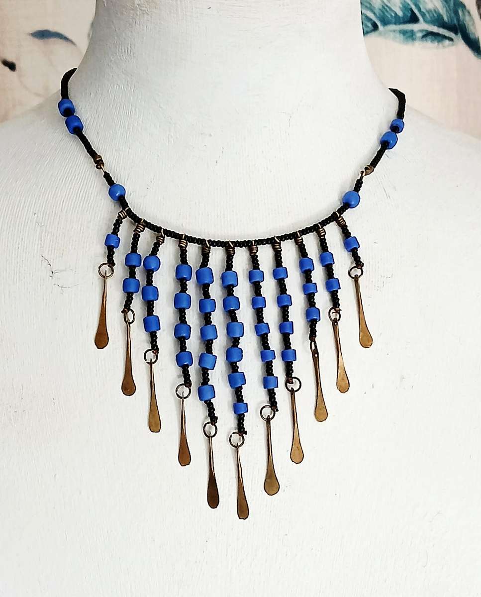 Art Deco Egyptian Revival Bib Necklace | Opaque Blue & Jet Black Glass with Brass Accents
