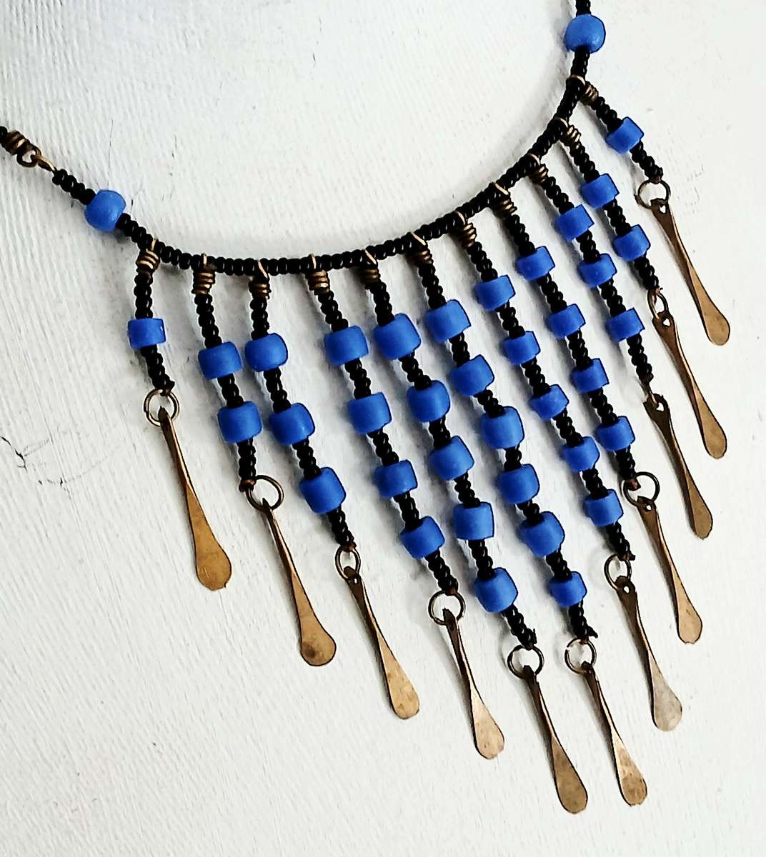 Art Deco Egyptian Revival Bib Necklace | Opaque Blue & Jet Black Glass with Brass Accents