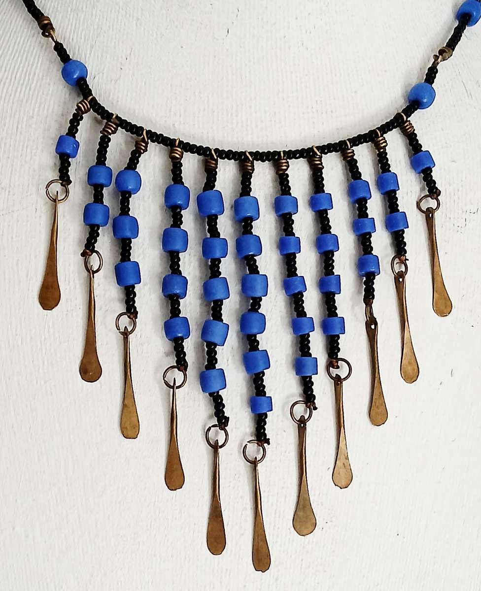 Art Deco Egyptian Revival Bib Necklace | Opaque Blue & Jet Black Glass with Brass Accents