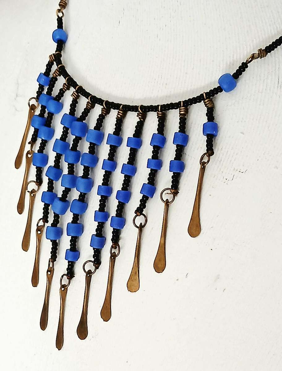 Art Deco Egyptian Revival Bib Necklace | Opaque Blue & Jet Black Glass with Brass Accents