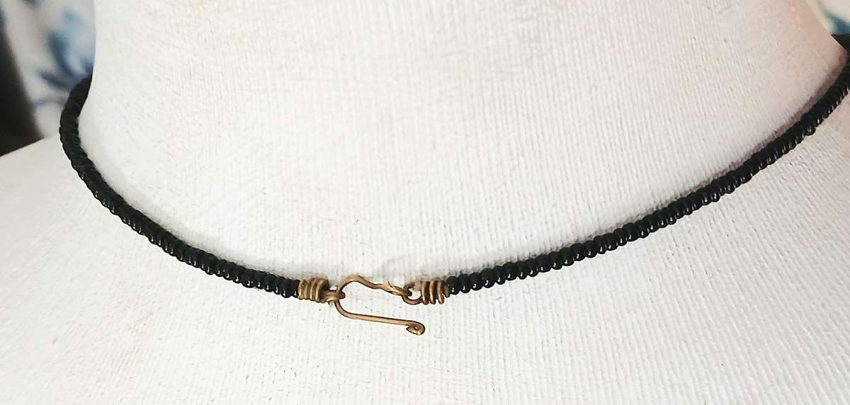 Art Deco Egyptian Revival Bib Necklace | Opaque Blue & Jet Black Glass with Brass Accents