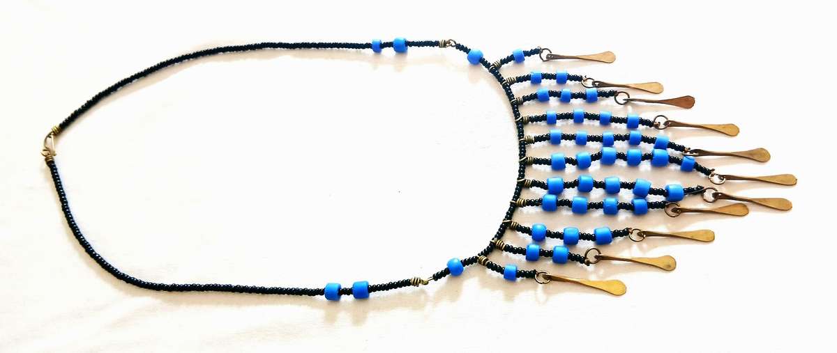 Art Deco Egyptian Revival Bib Necklace | Opaque Blue & Jet Black Glass with Brass Accents