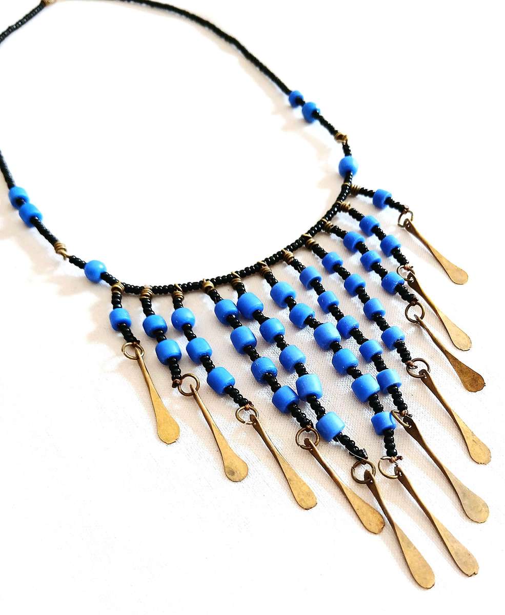 Art Deco Egyptian Revival Bib Necklace | Opaque Blue & Jet Black Glass with Brass Accents
