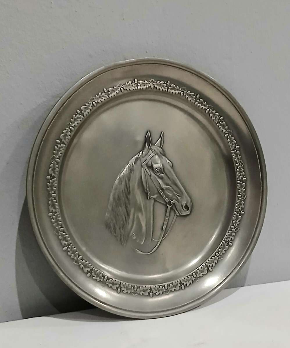 Vintage German Pewter Charger Plate  Embossed Horse Head Motif