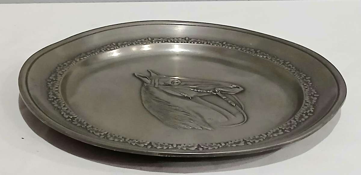 Vintage German Pewter Charger Plate  Embossed Horse Head Motif
