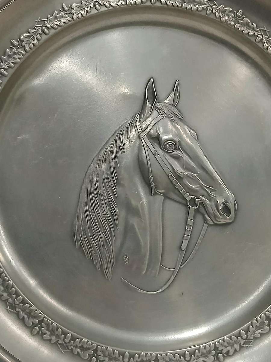 Vintage German Pewter Charger Plate  Embossed Horse Head Motif