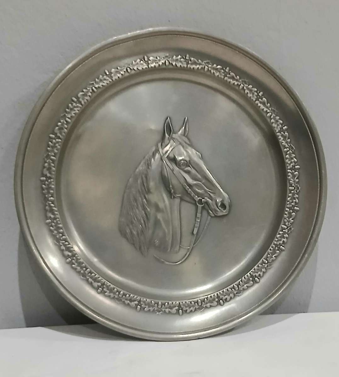 Vintage German Pewter Charger Plate  Embossed Horse Head Motif