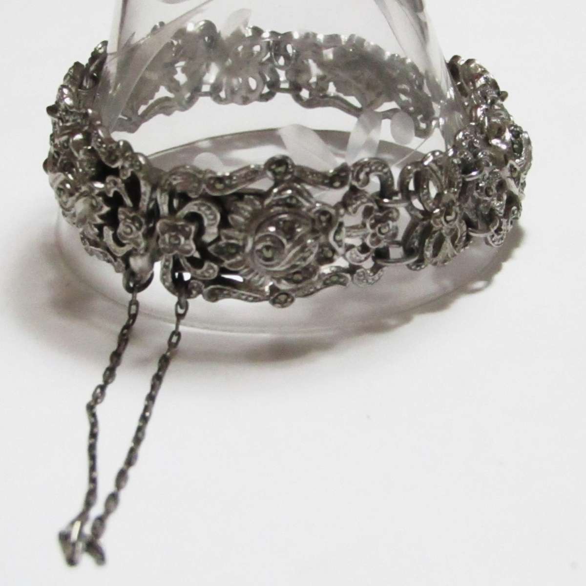 Vintage Silver-Plated Filigree Marcasite Bracelet with Art Nouveau & Art Deco Elegance