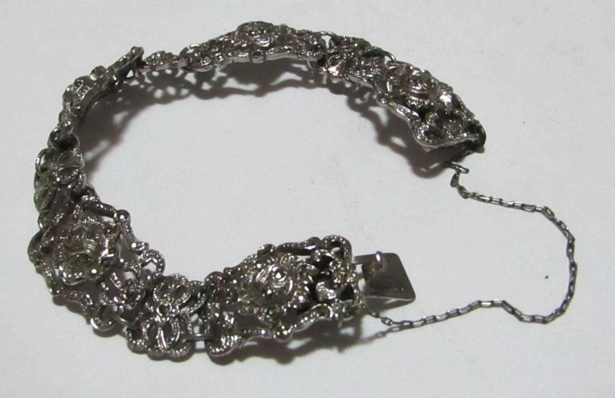 Vintage Silver-Plated Filigree Marcasite Bracelet with Art Nouveau & Art Deco Elegance