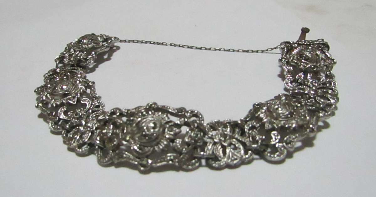 Vintage Silver-Plated Filigree Marcasite Bracelet with Art Nouveau & Art Deco Elegance