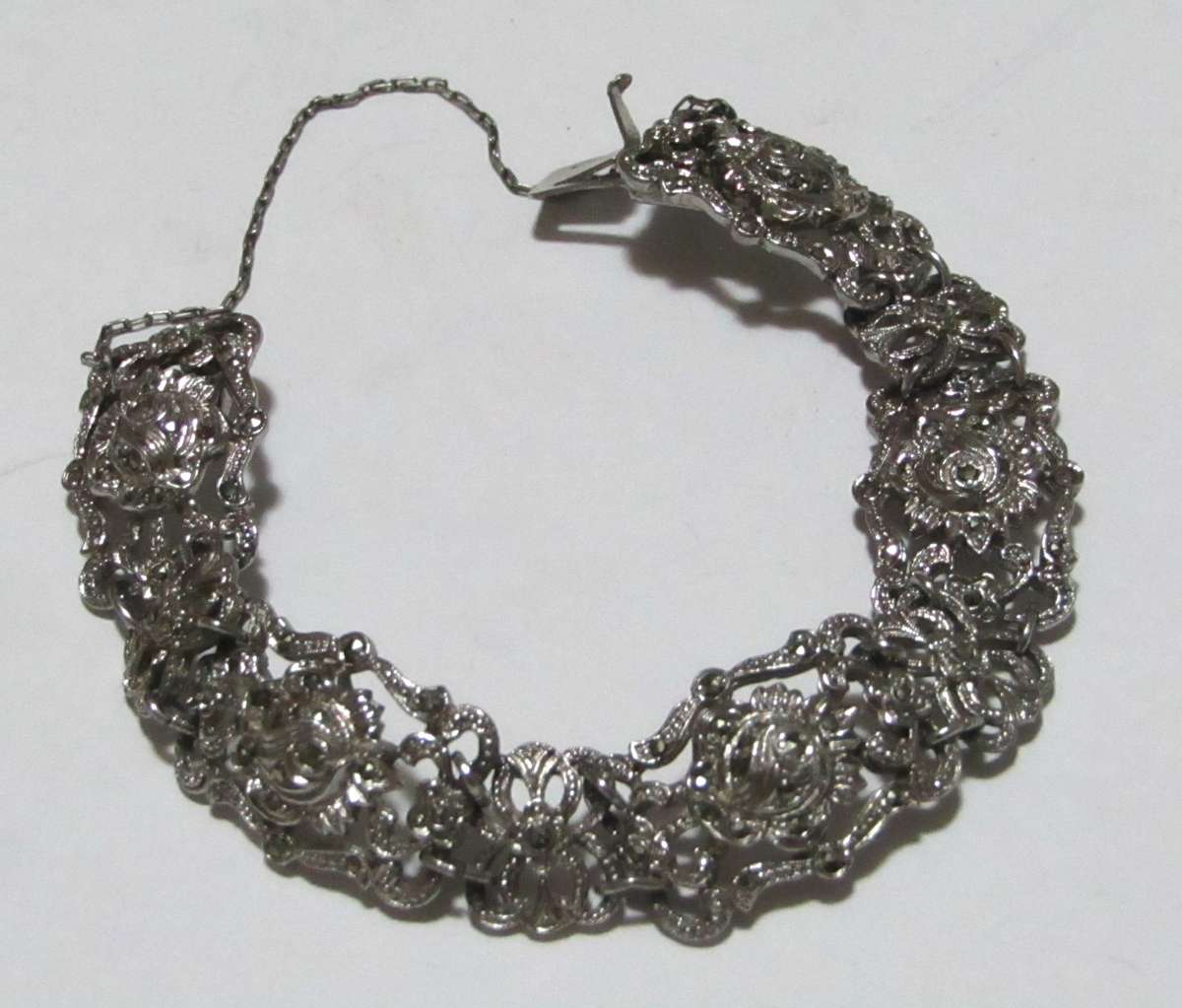 Vintage Silver-Plated Filigree Marcasite Bracelet with Art Nouveau & Art Deco Elegance