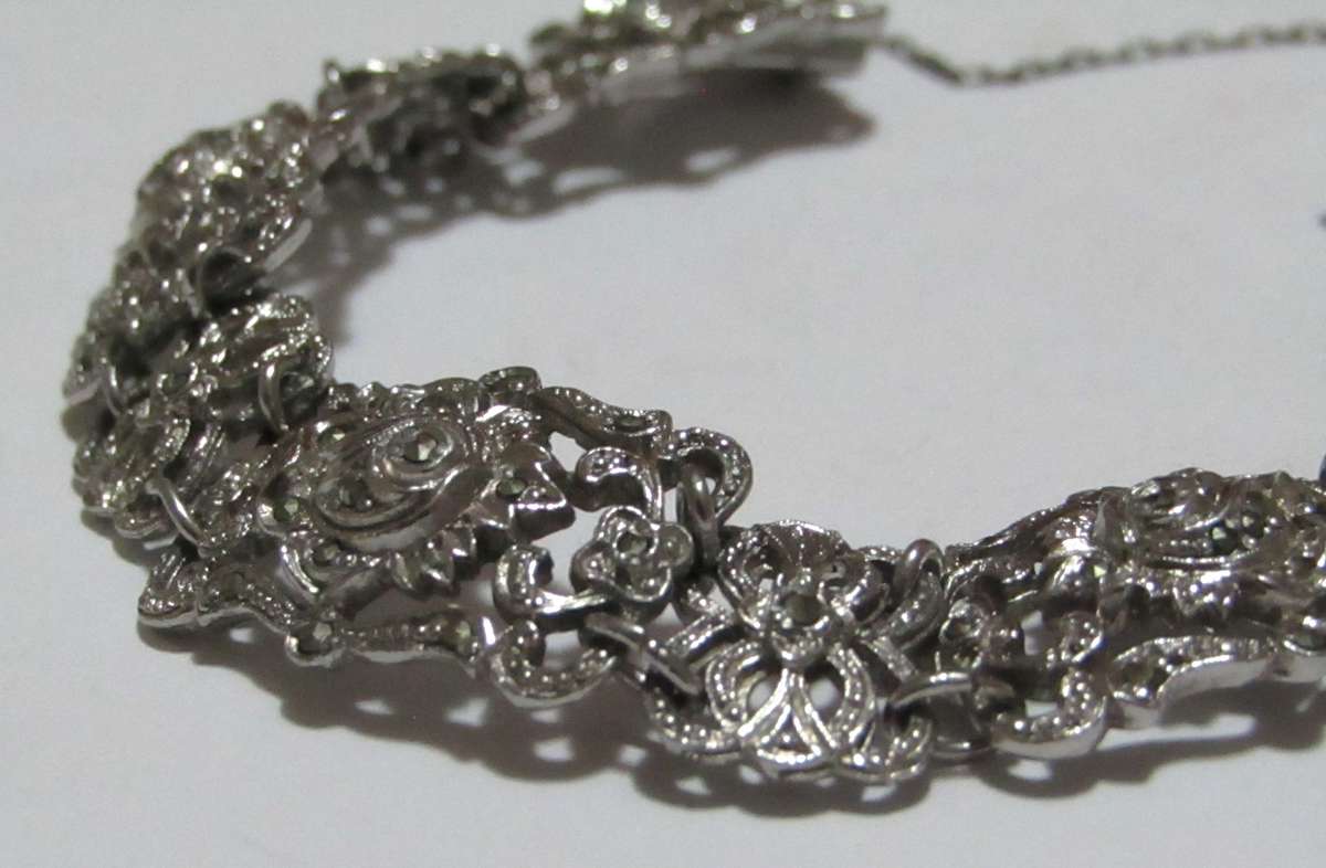 Vintage Silver-Plated Filigree Marcasite Bracelet with Art Nouveau & Art Deco Elegance