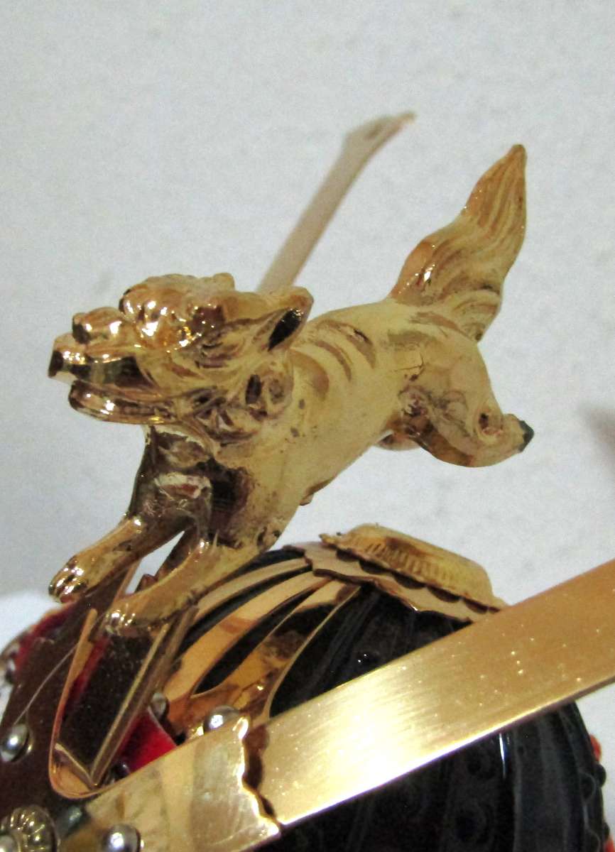 Vintage Replica Kabuto Samurai Doll Helmet Display Set with Gilt Embellishments and Original Box