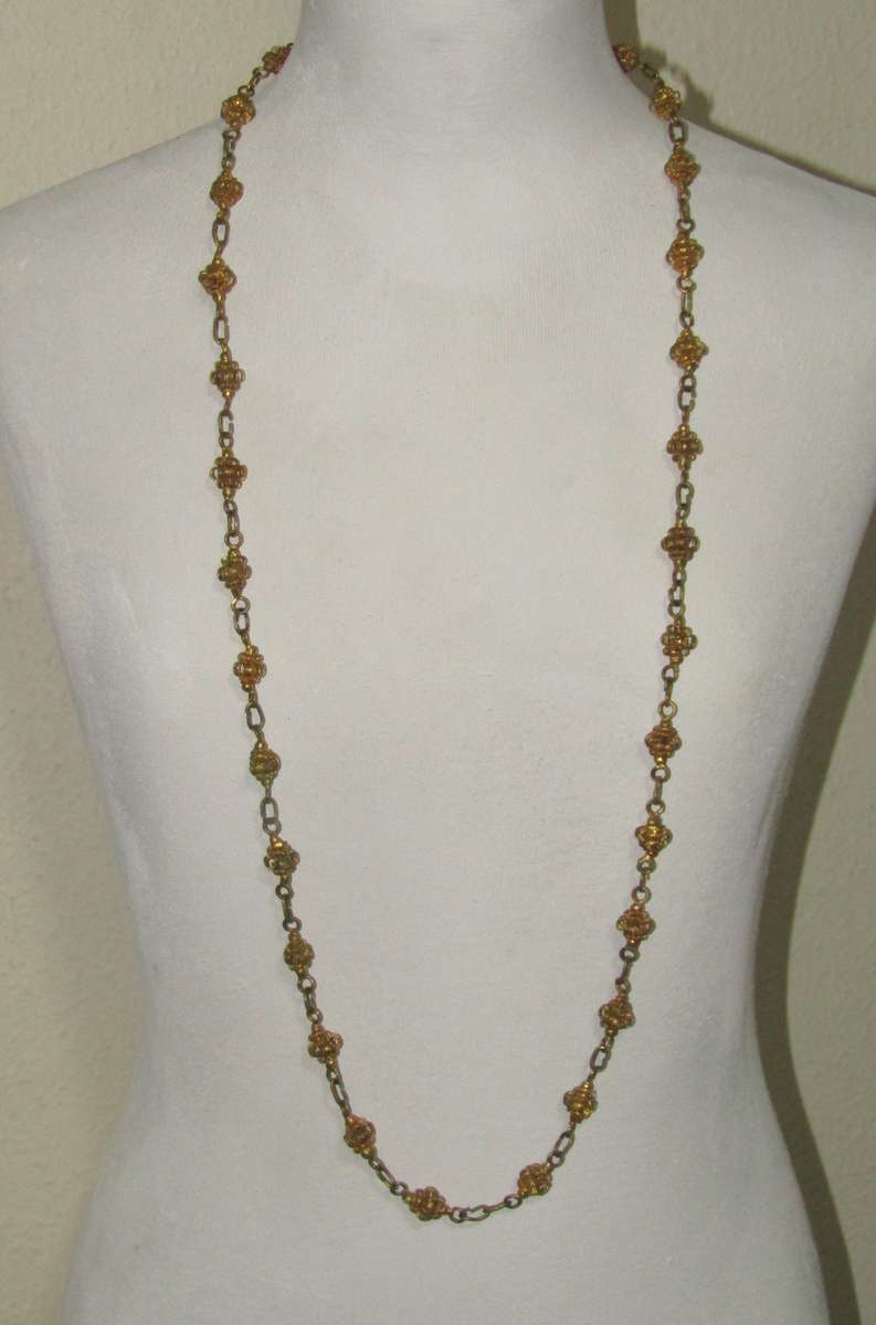 Vintage 1940s gilt brass wire basket bead necklace