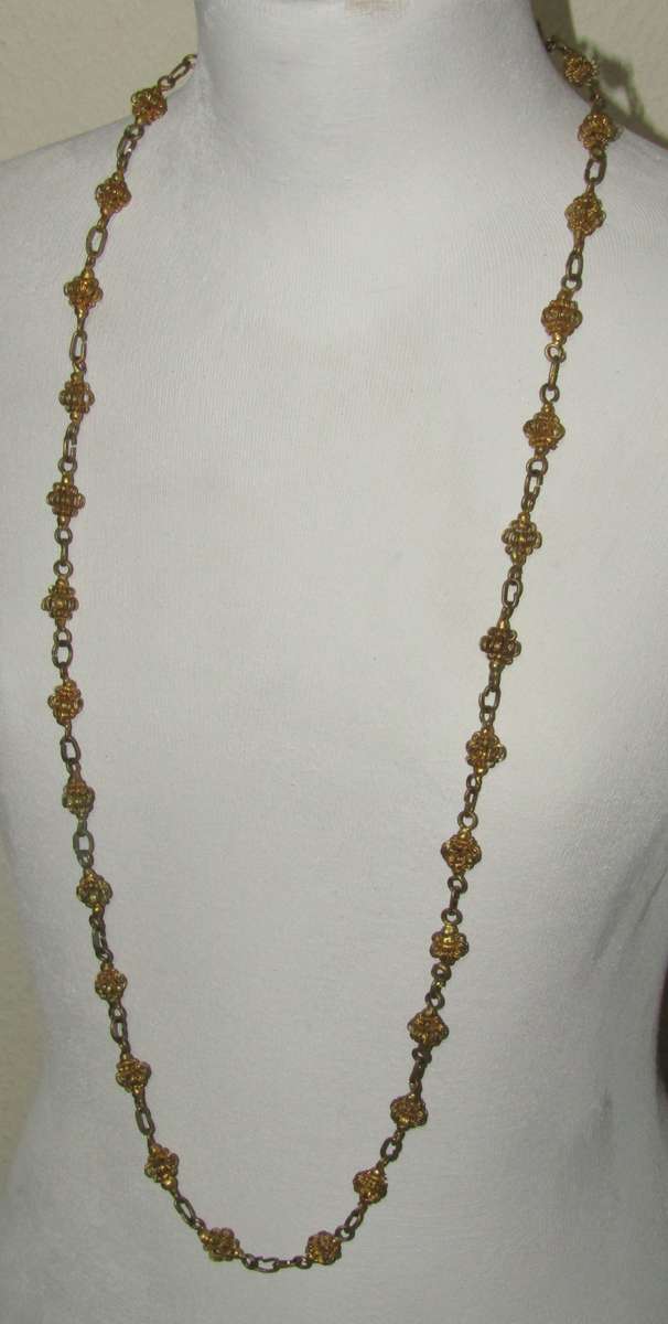 Vintage 1940s gilt brass wire basket bead necklace