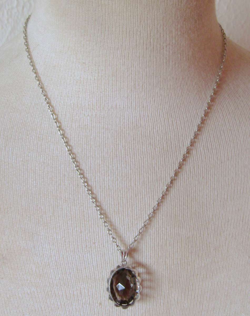 Vintage Oval Sterling Silver Faceted Smoky Quartz Pendant with Silver Tone Chain