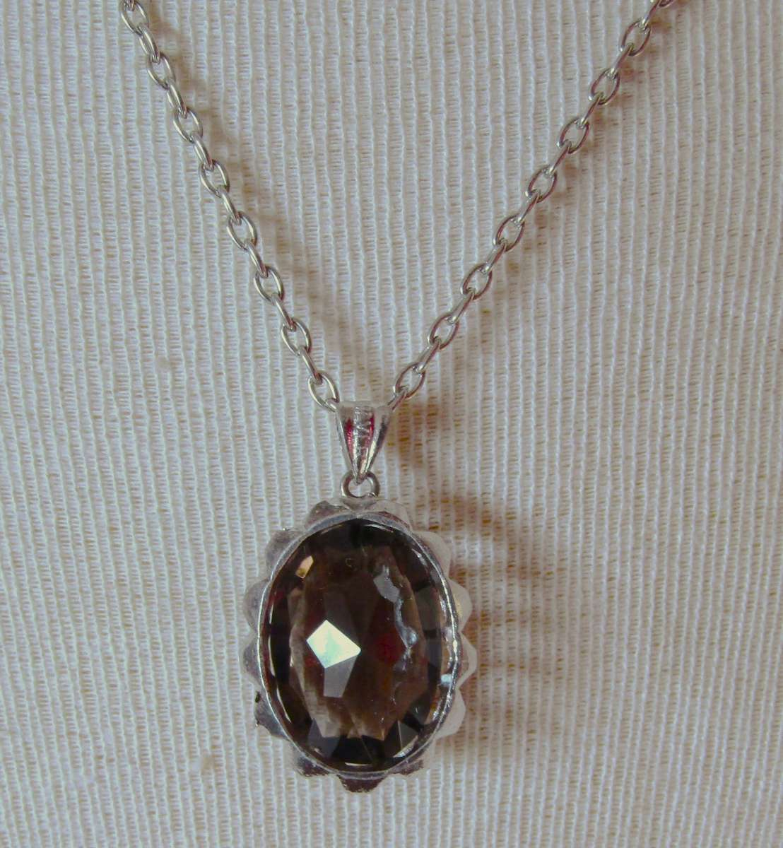 Vintage Oval Sterling Silver Faceted Smoky Quartz Pendant with Silver Tone Chain