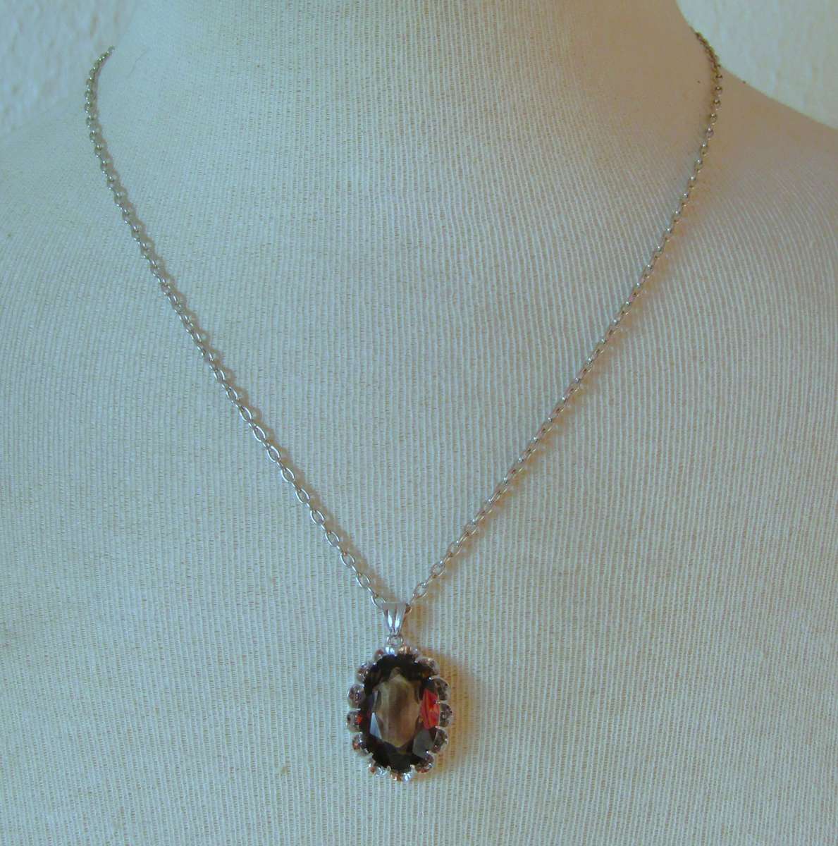 Vintage Oval Sterling Silver Faceted Smoky Quartz Pendant with Silver Tone Chain