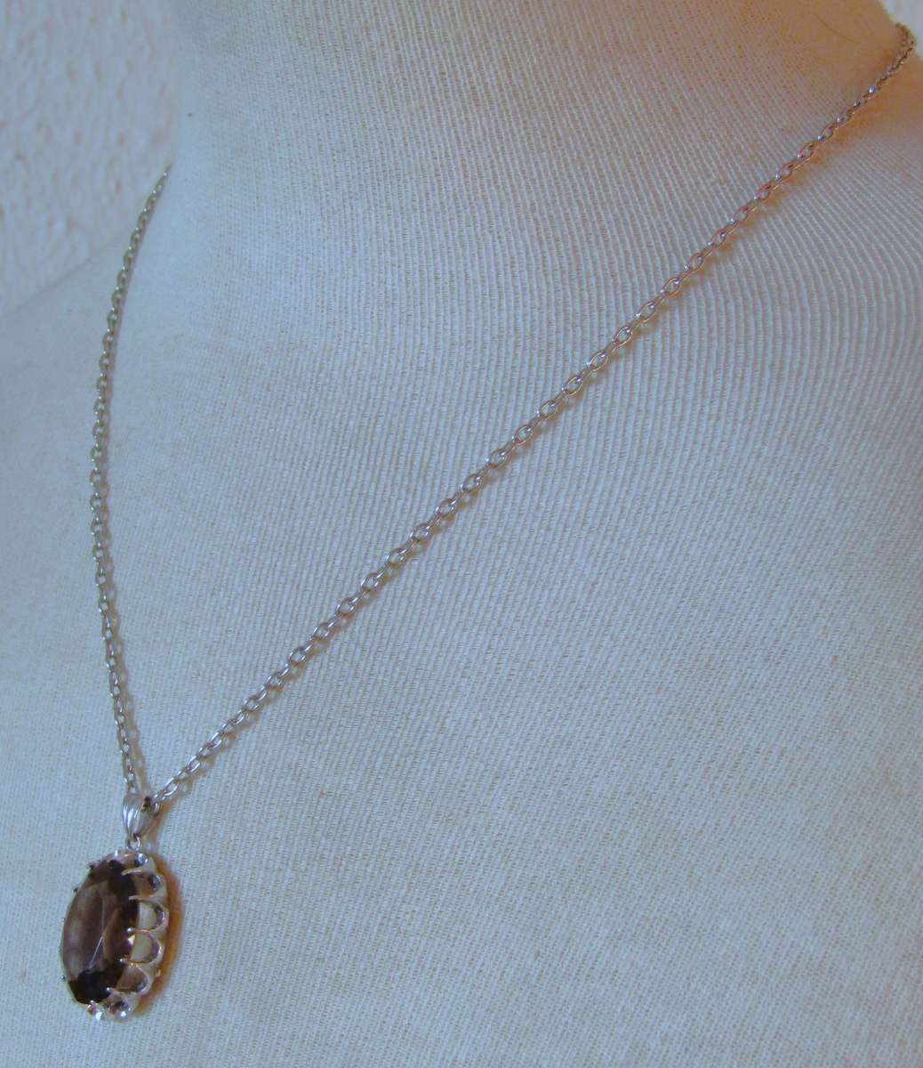 Vintage Oval Sterling Silver Faceted Smoky Quartz Pendant with Silver Tone Chain